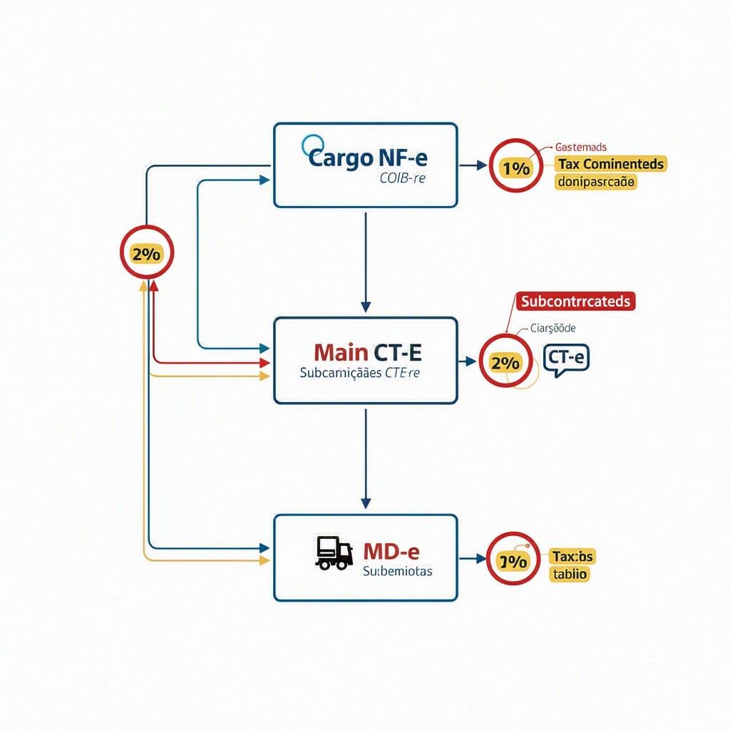 Fluxo fiscal em cascata entre NF-e, CT-e principal, CT-e subcontratado e MD-e