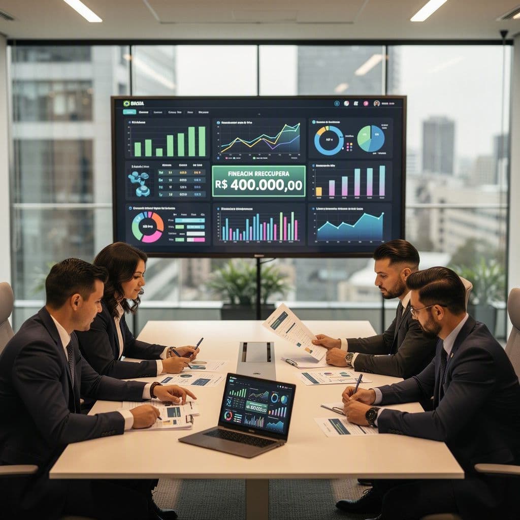 Equipe fiscal de média empresa visualizando recuperação de centenas de milhares de reais