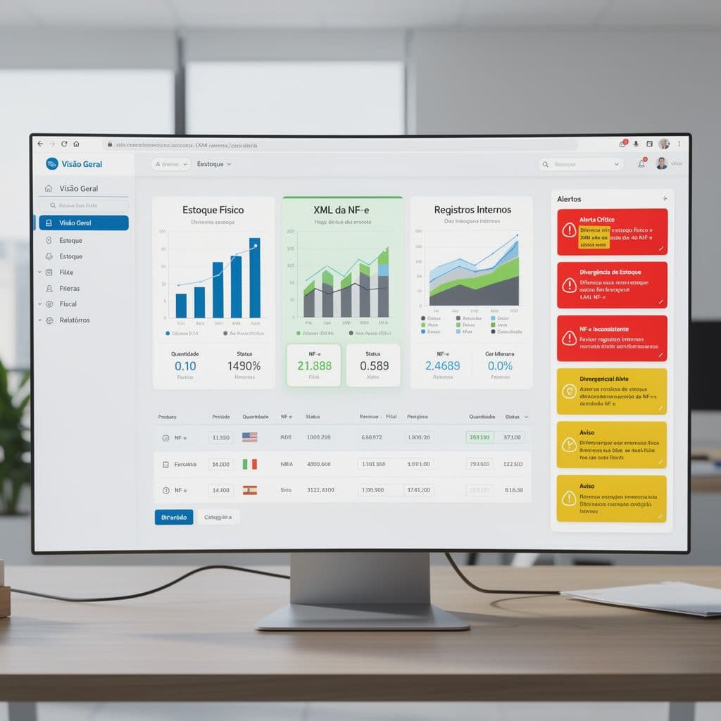 Dashboard fiscal comparando estoque físico e dados de NF-e com alertas de divergência