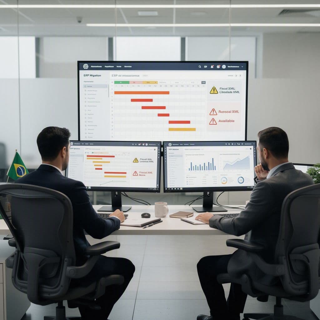 Gestores analisando migração de ERP com atraso por falta de histórico fiscal