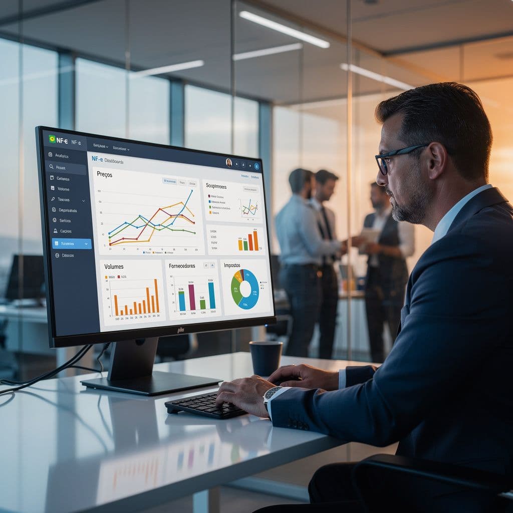 Gestor analisando dashboard de NF-e com dados de preços, volumes e fornecedores