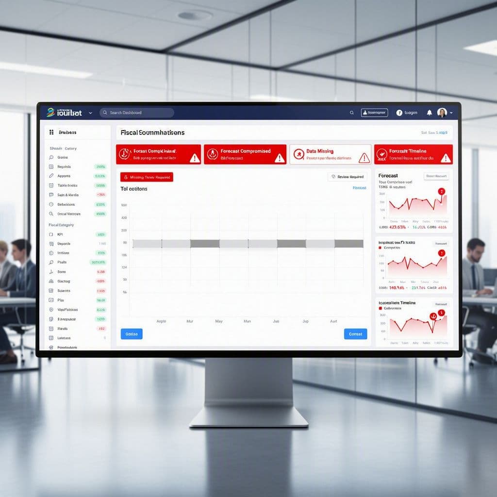 Dashboard fiscal com meses ausentes no histórico e alerta de previsão incompleta.
