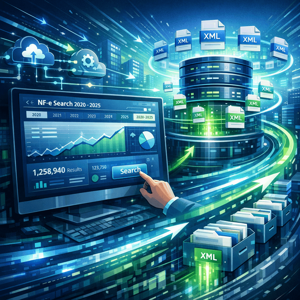 Dashboard de API fiscal consultando NF-e histórica em repositório centralizado