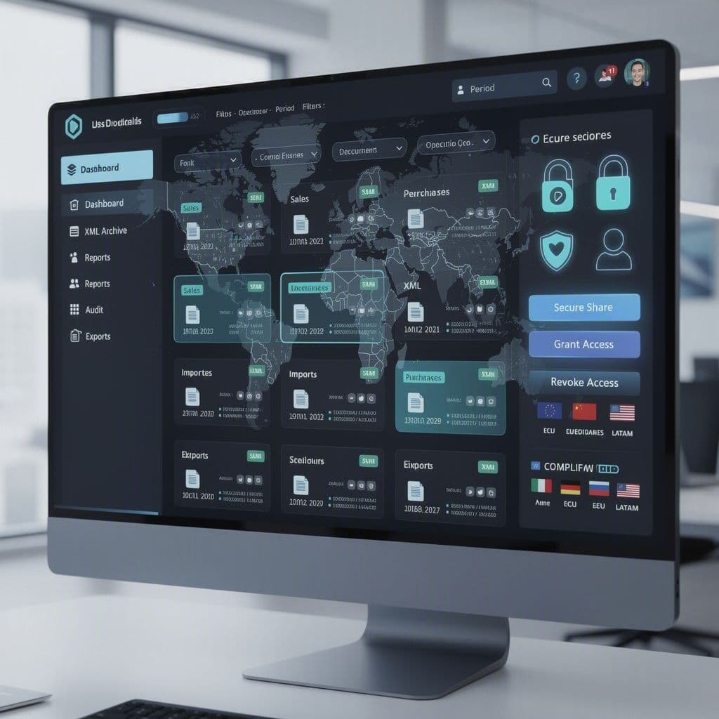 Painel digital centralizando XMLs fiscais para exportadores com acesso seguro por equipes globais