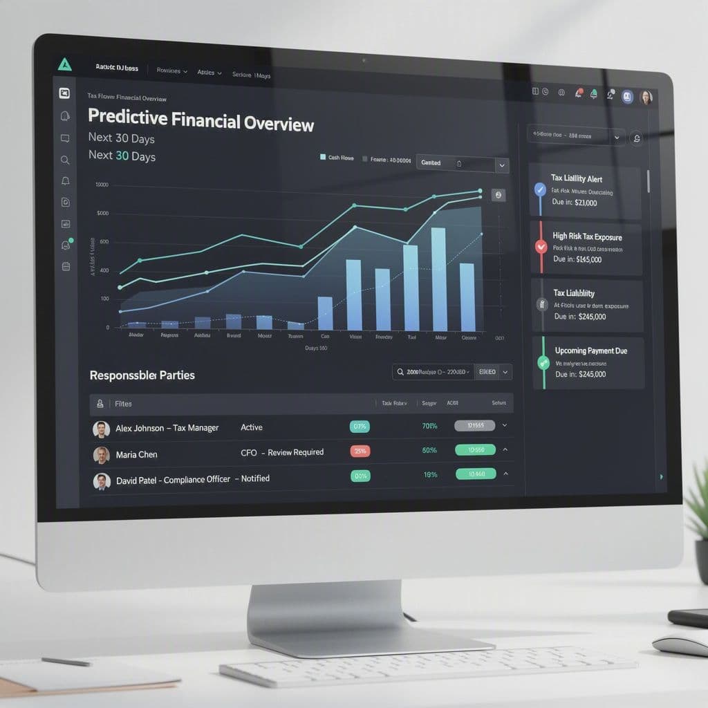 Dashboard com alerta preditivo de caixa e pendências fiscais