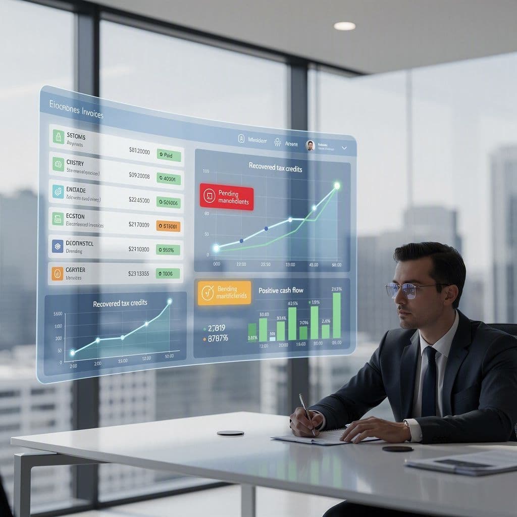 Gerente financeiro visualizando notas fiscais pendentes e créditos fiscais liberados em painel digital