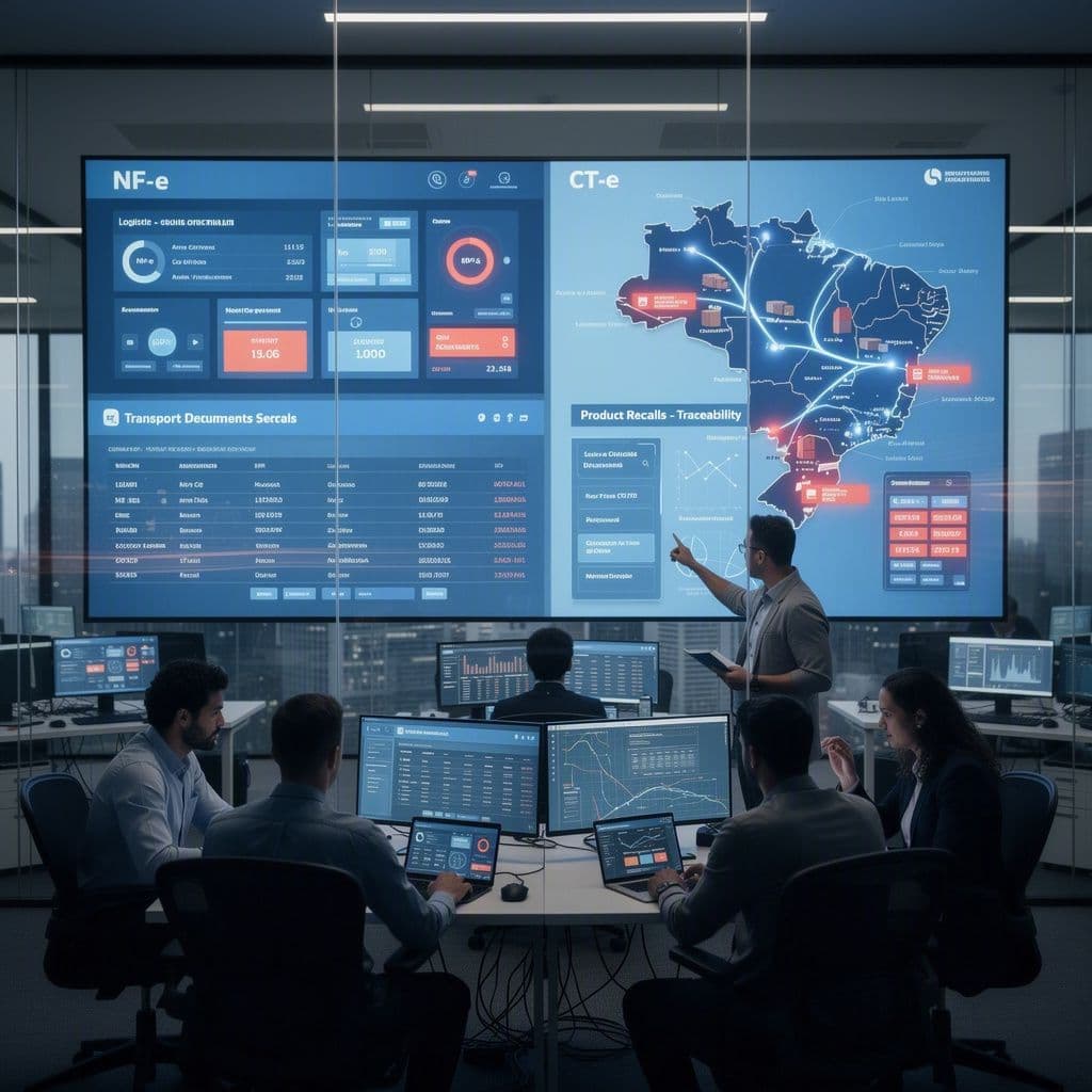 Equipe analisando recall com NF-e, CT-e e mapa logístico em dashboard
