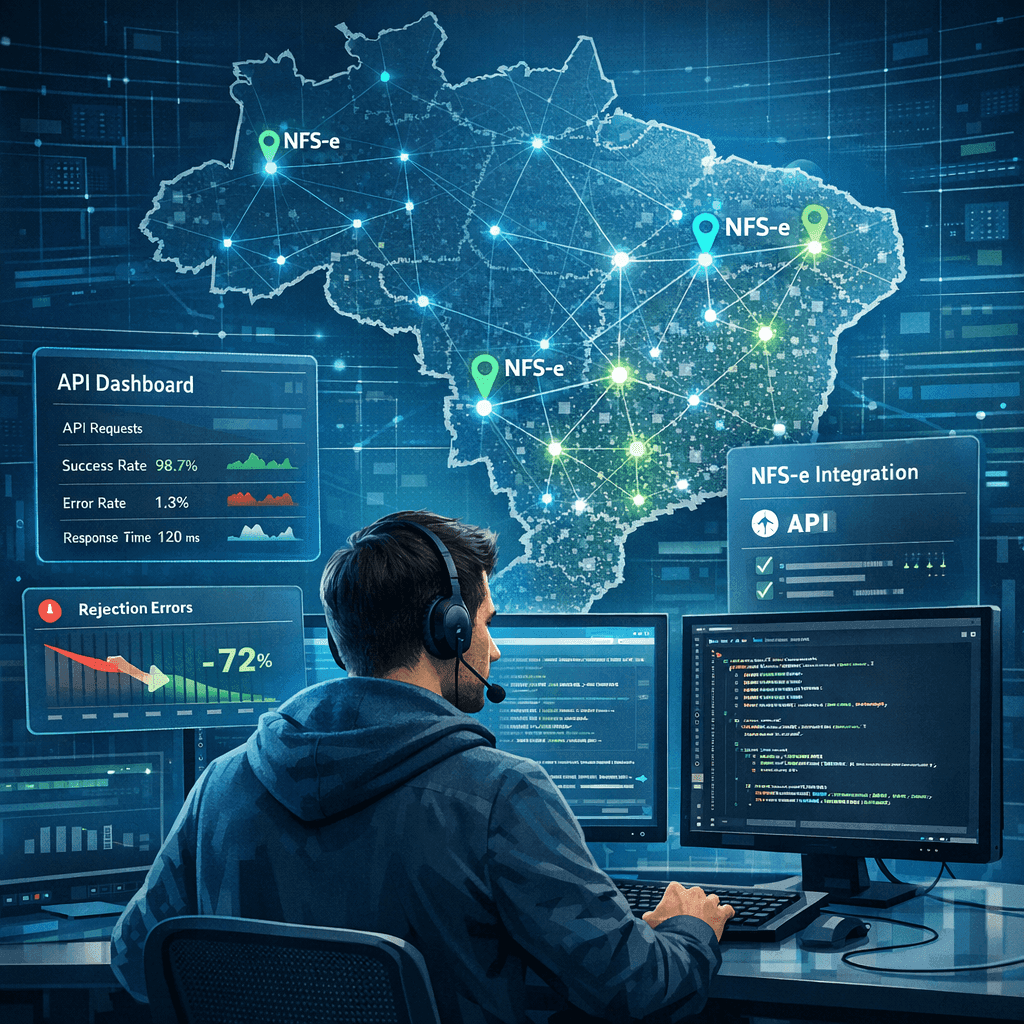 Desenvolvedor integrando NFS-e multi-município com APIs padronizadas e baixa rejeição