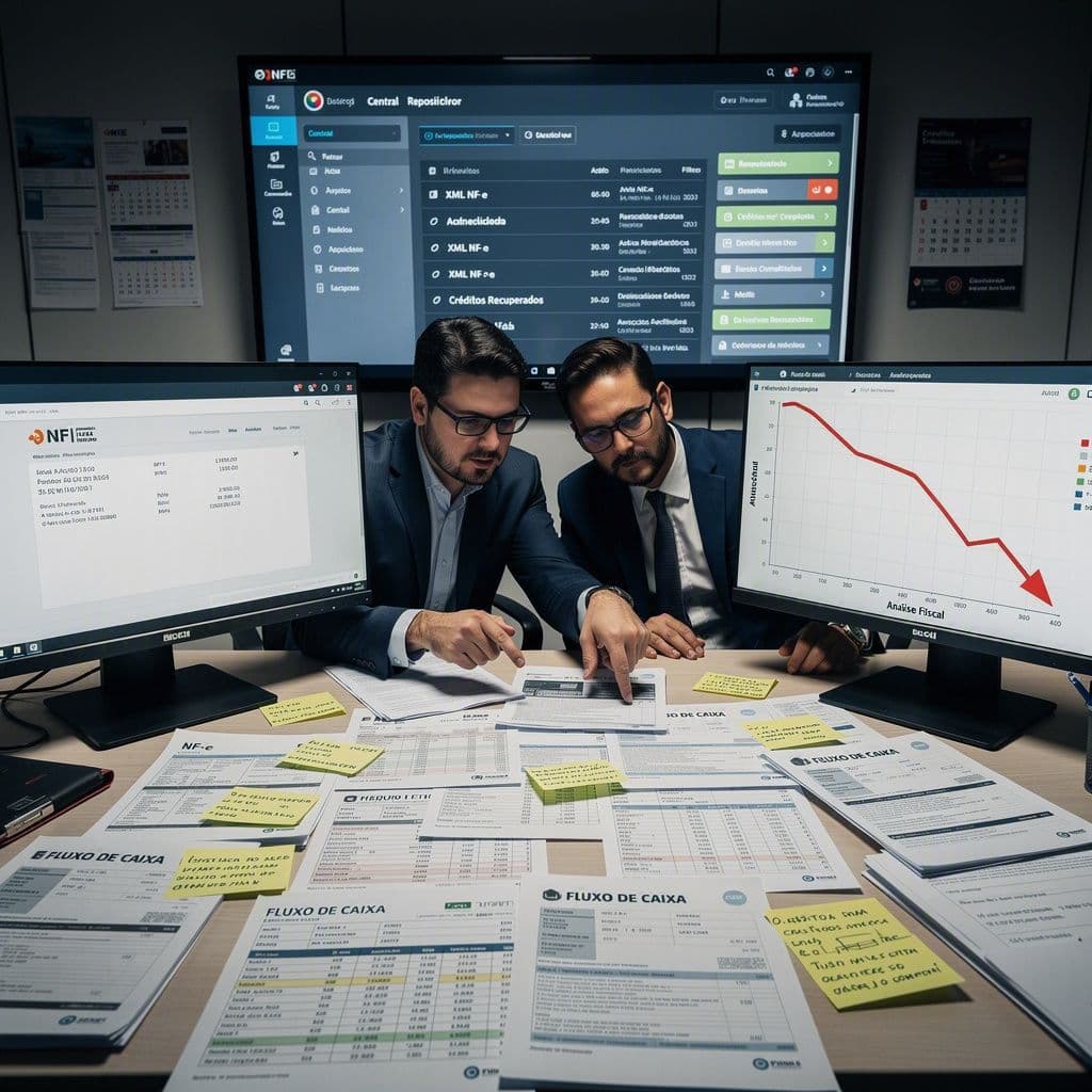 Gestor financeiro e contador analisando NF-e antigas e créditos fiscais em uma PME em crise