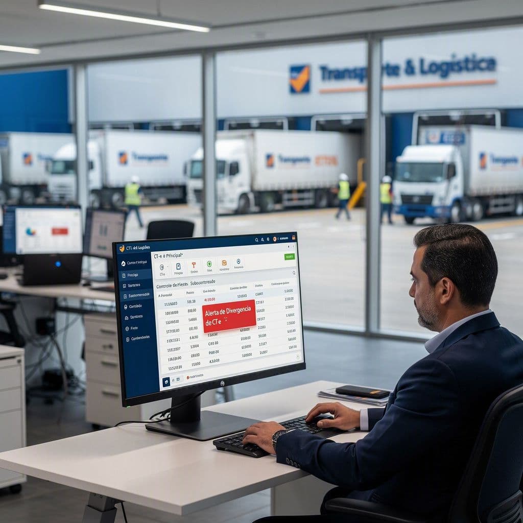 Gestor logístico analisando divergências entre CT-e principal e CT-e subcontratado em painel digital