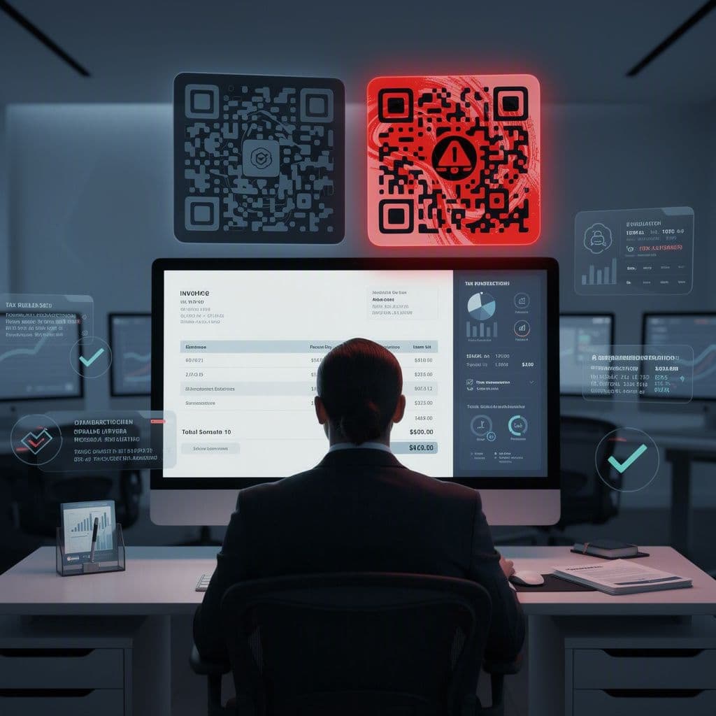 Gestor fiscal analisando QR Code fraudulento em uma NF-e com alerta de risco