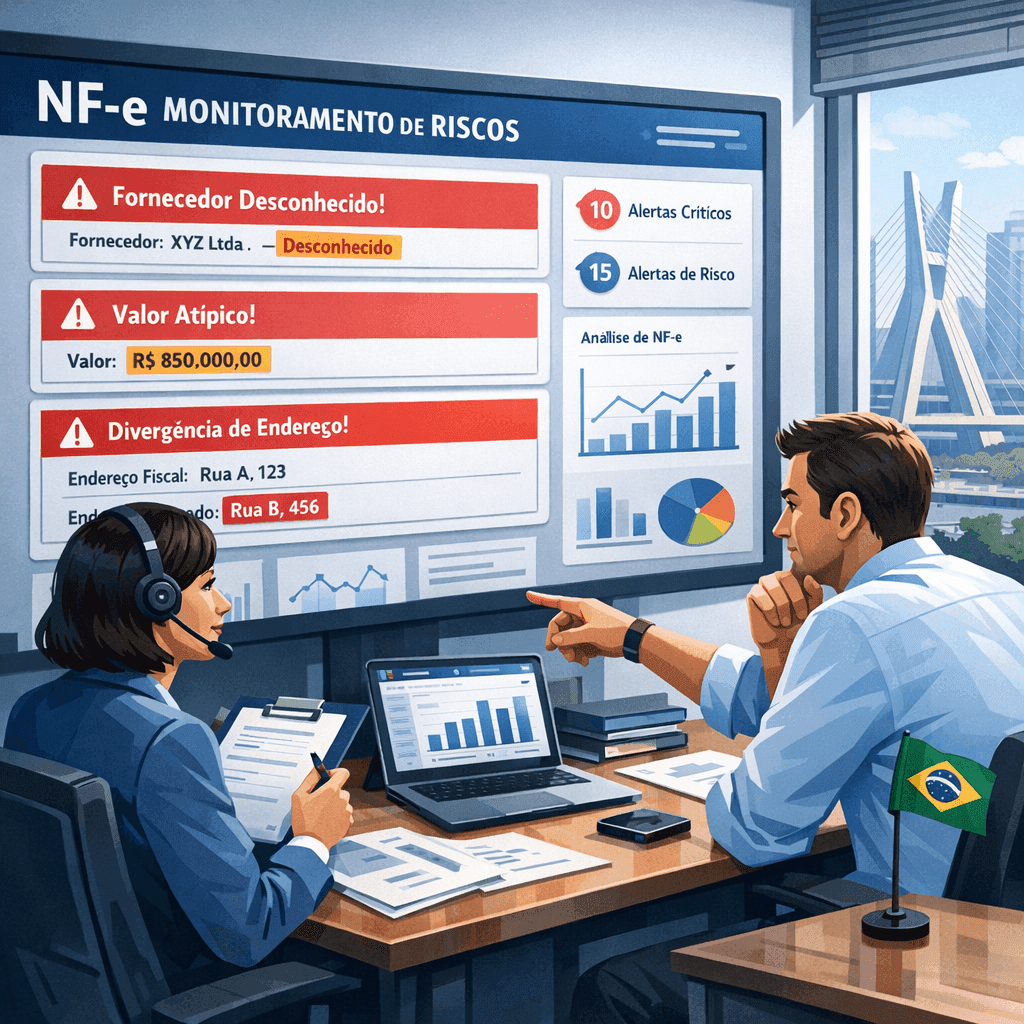 Tela de análise de NF-e com alertas de risco para notas indevidas