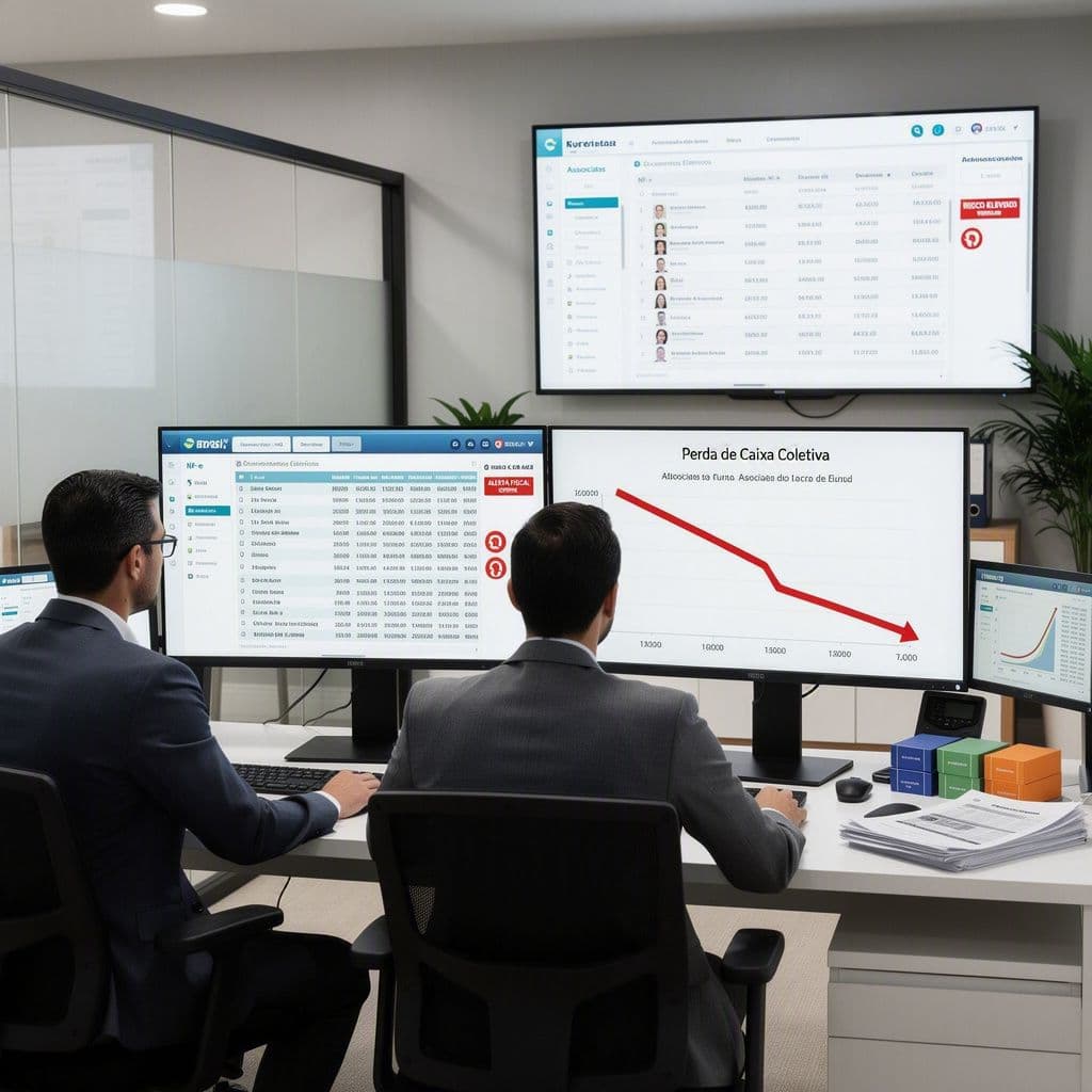 Gestores de cooperativa analisando NF-e e CT-e com alertas de risco fiscal e impacto no caixa coletivo