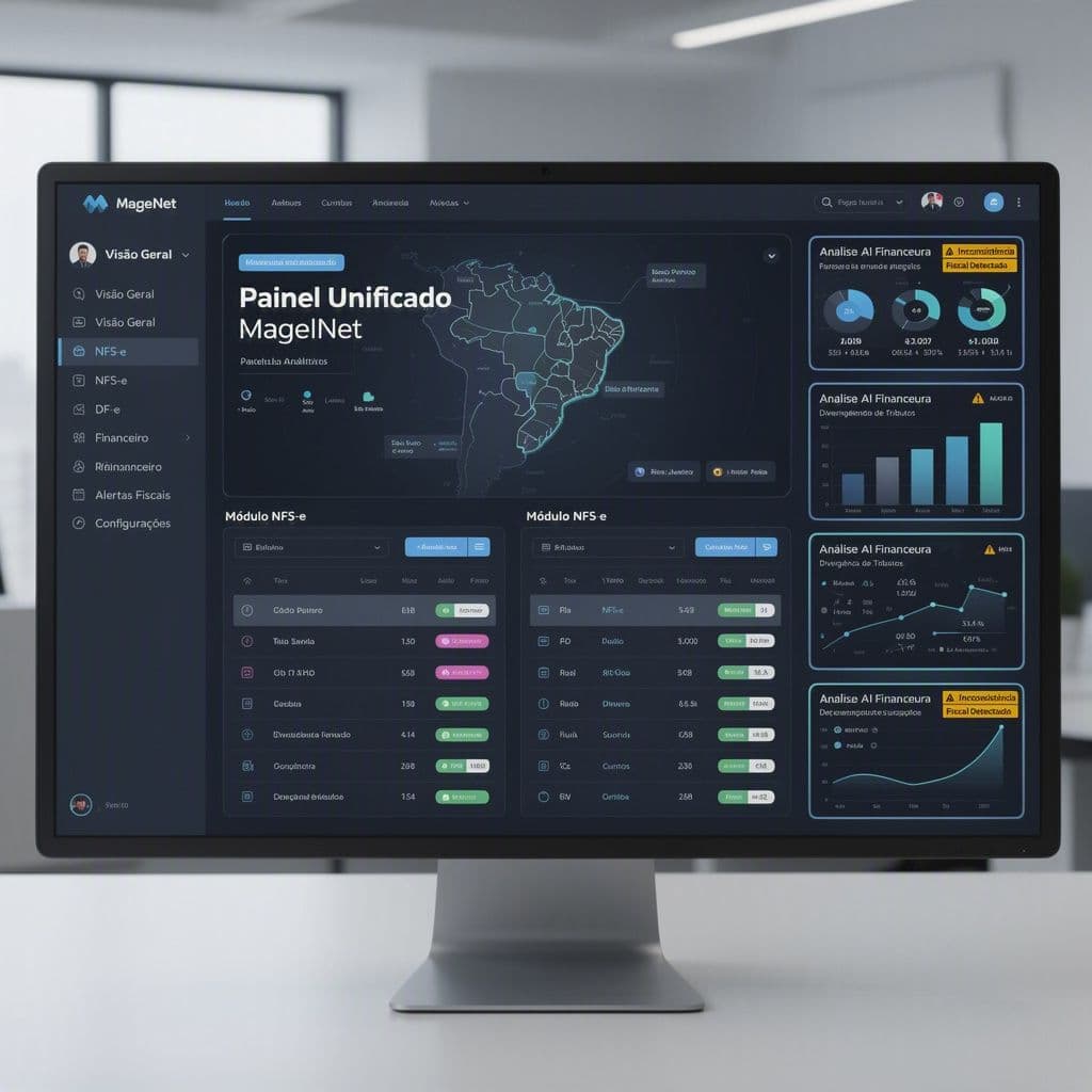 Painel unificado da MagelNet com NFS-e, DF-e e financeiro com IA