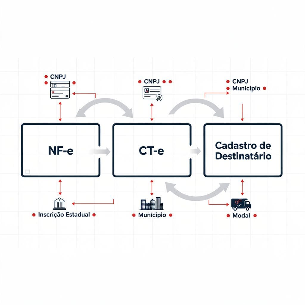 Fluxo entre NF-e, CT-e e cadastro do destinatário mostrando divergências críticas