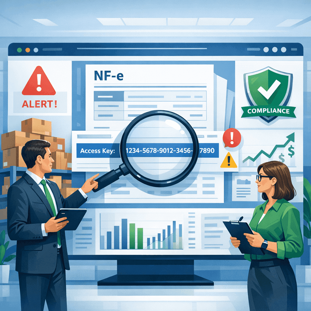 Gestor fiscal analisando NF-e em painel digital para evitar multas, fraudes e perdas no caixa
