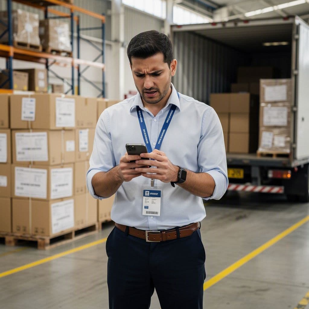 Representante comercial parado no pátio do cliente aguardando liberação fiscal pelo celular