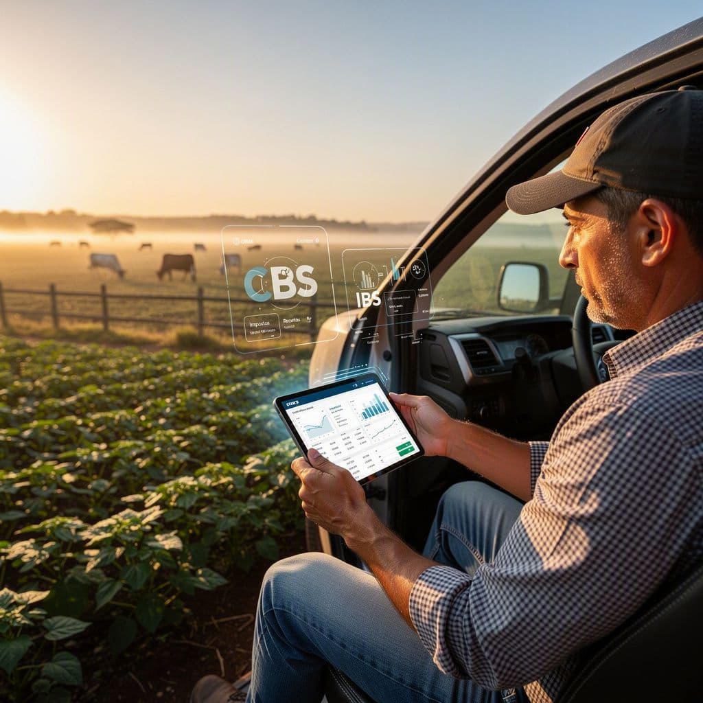 Produtor rural analisando impactos da Reforma Tributária 2025 em painel fiscal no campo