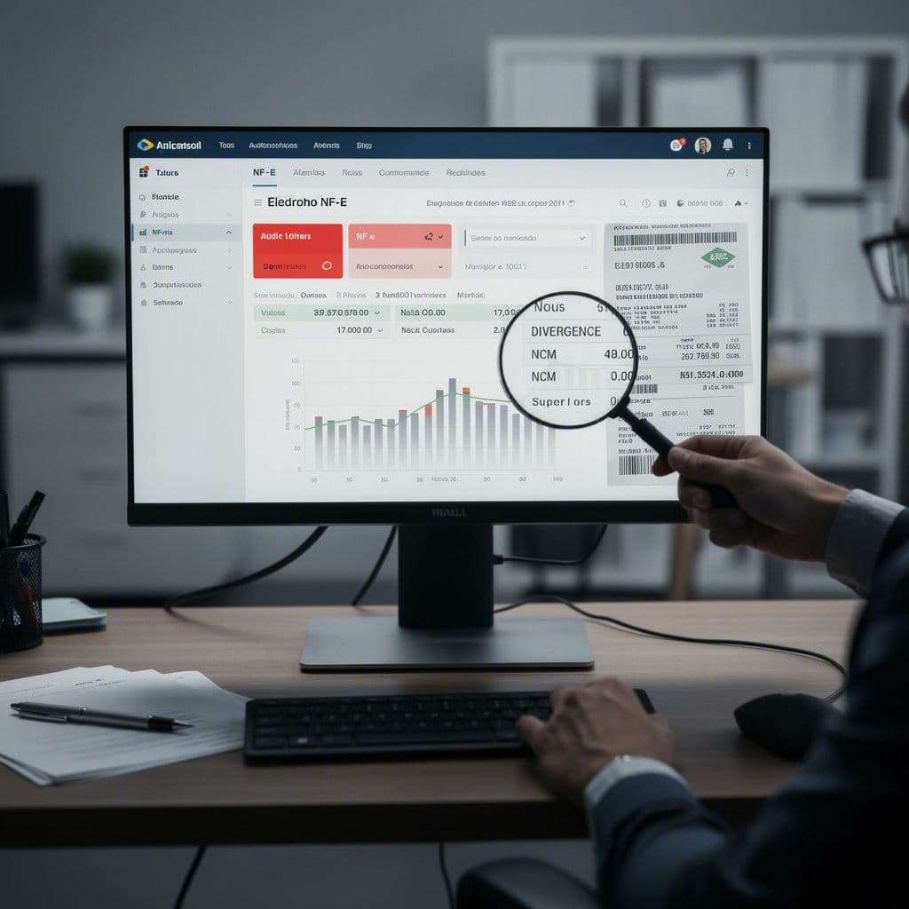 Dashboard de auditoria detectando fraudes internas em NF-e com alertas de divergência, NCM e fornecedores suspeitos