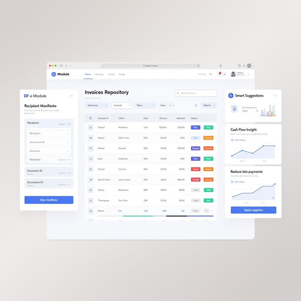 Dashboard moderno com repositório de notas, painel financeiro e alertas inteligentes