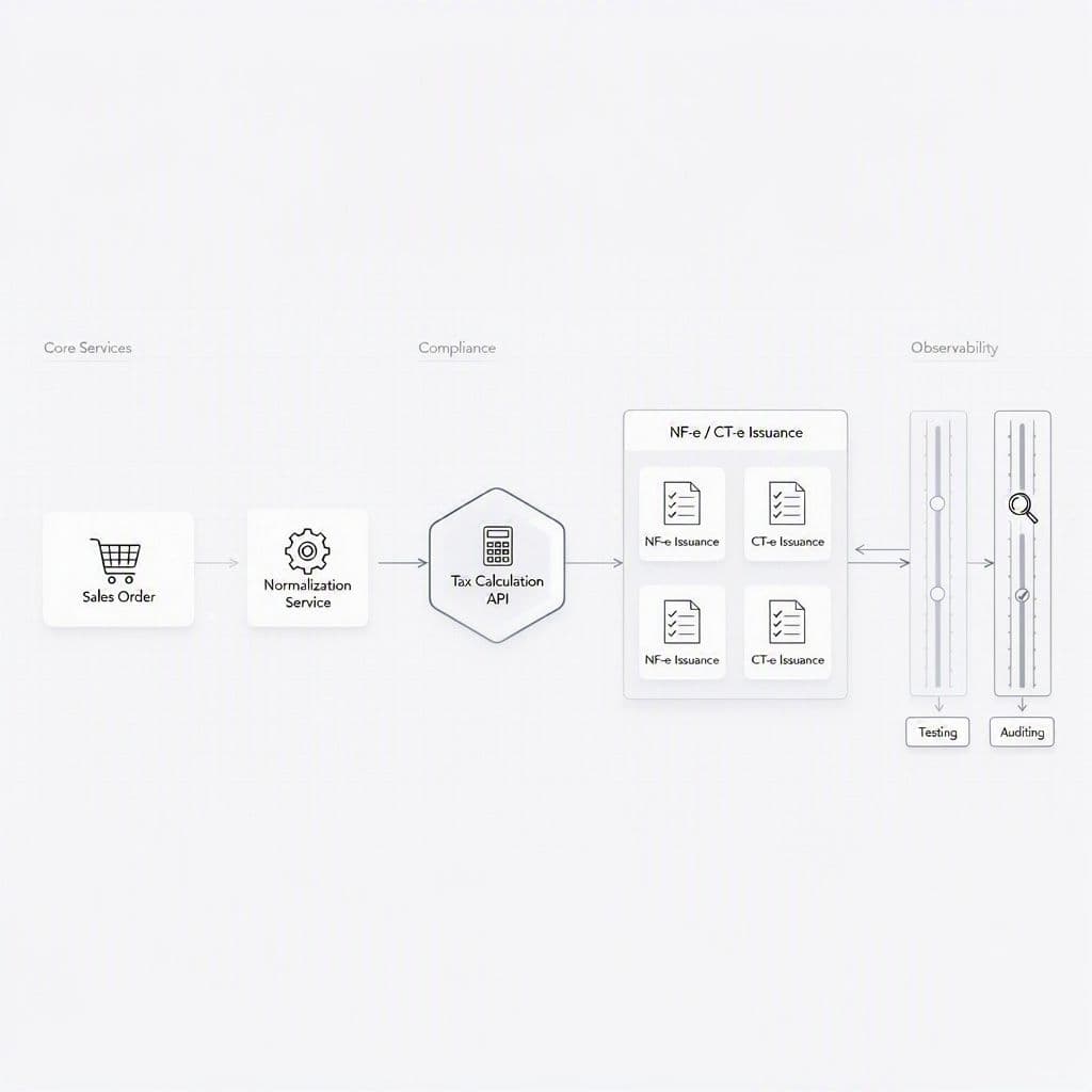Diagrama de pipeline fiscal desacoplada com API de cálculo