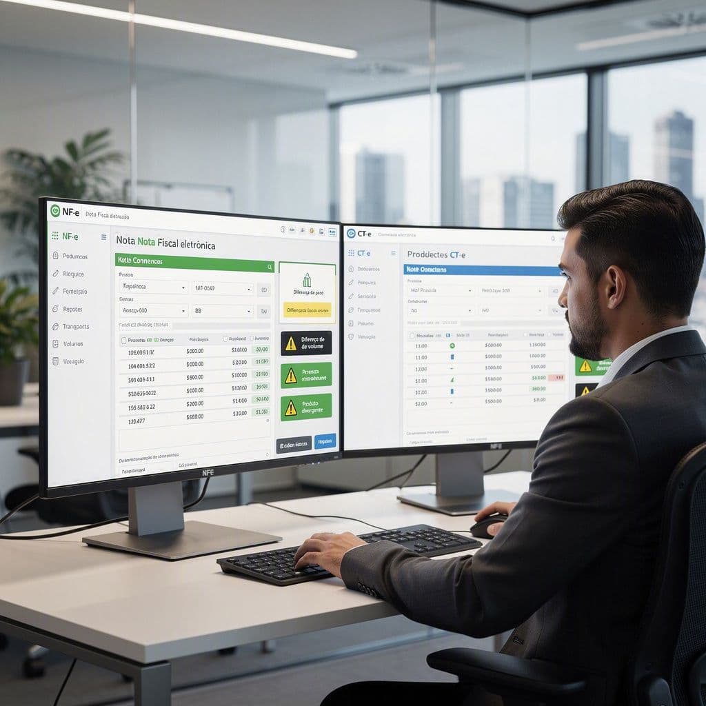 Analista comparando dados de NF-e e CT-e em dashboard logístico