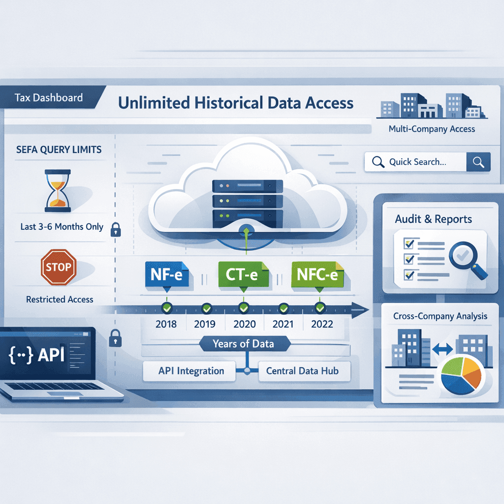 Dashboard fiscal com histórico ilimitado de NF-e em repositório central na nuvem