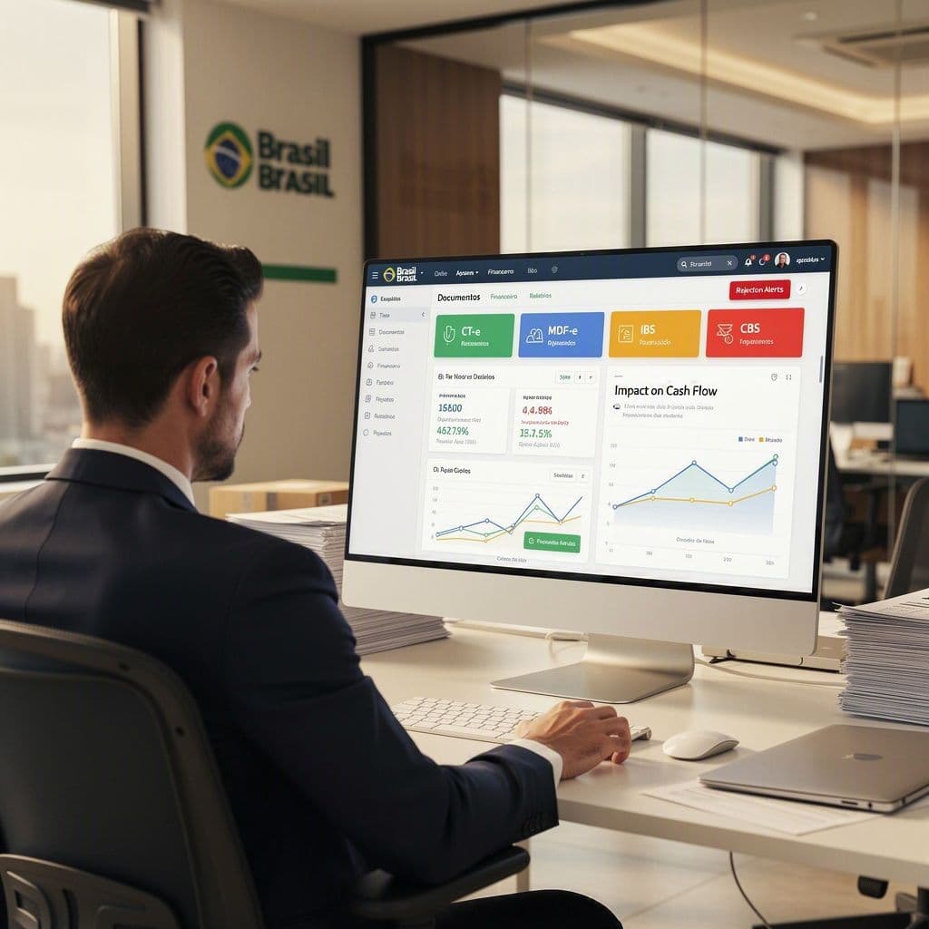 Gestor logístico analisando painel com CT-e, MDF-e e alertas de erro tributário
