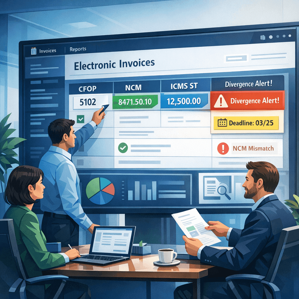 Equipe fiscal analisando ICMS ST e notas fiscais em painel digital