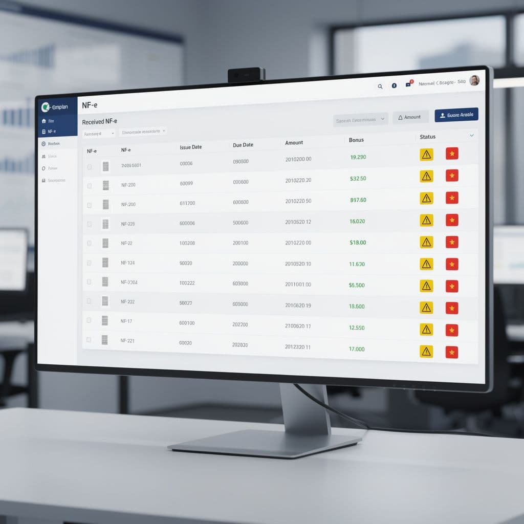 Painel financeiro com alertas de prazo em notas fiscais recebidas