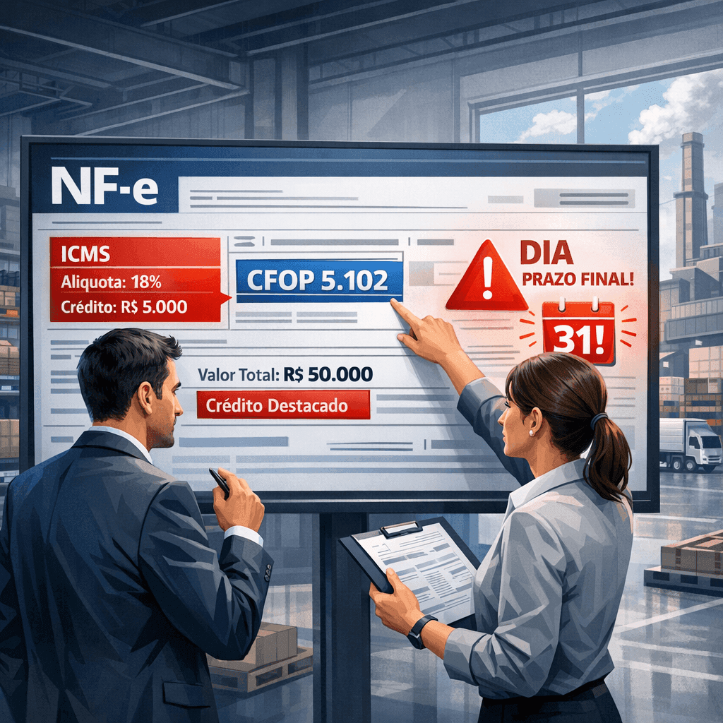 Gestor fiscal e contador analisando NF-e com alertas de ICMS-DIA em dashboard