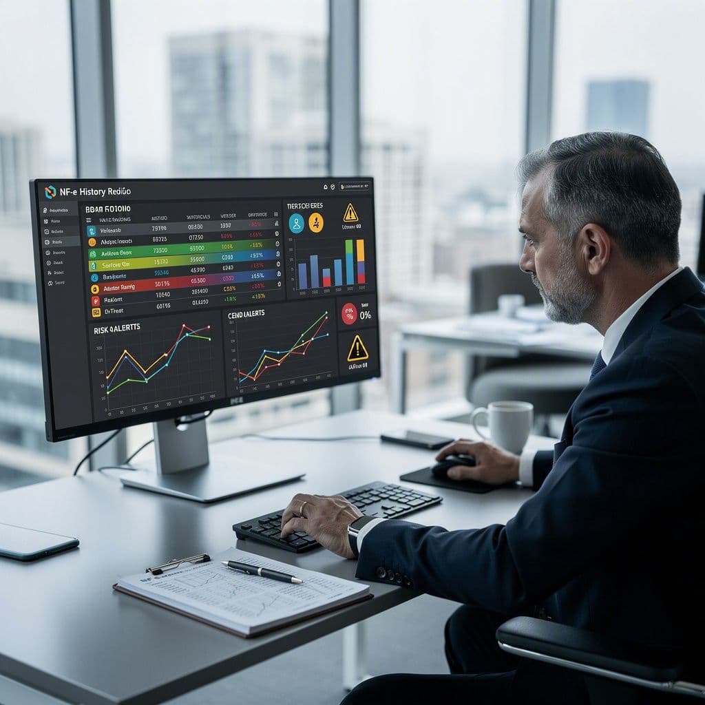 Diretor financeiro observando alertas de risco em painel com histórico de notas fiscais.