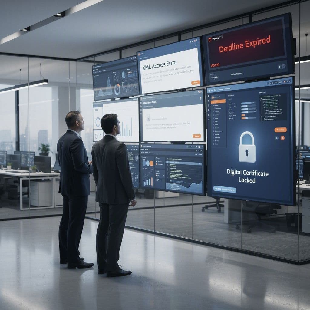 Gestores de franquias tentando acessar XMLs fiscais em sistemas desconectados