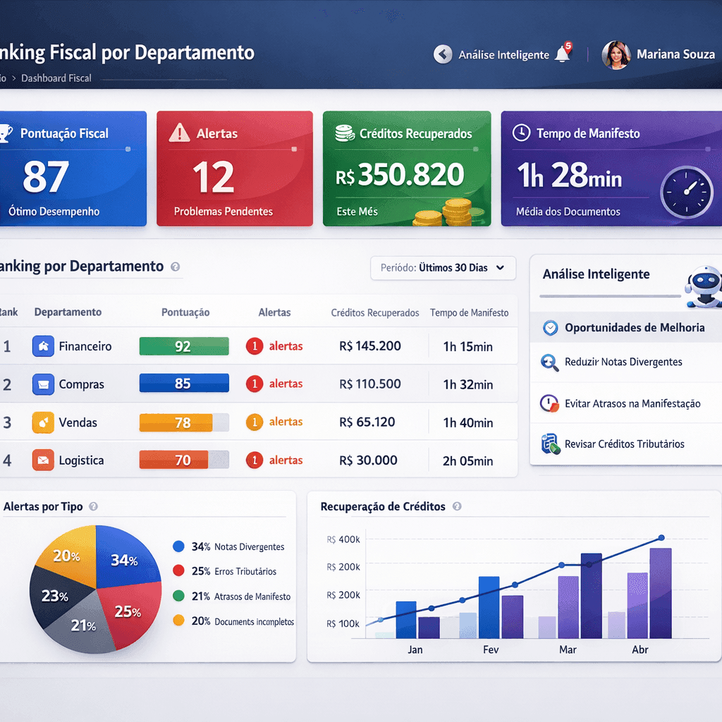 Tela de software com ranking de departamentos e alertas fiscais automáticos