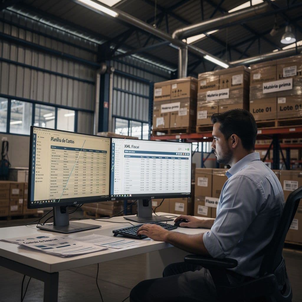 Gestor industrial analisando custos de produção e histórico de XMLs de insumos