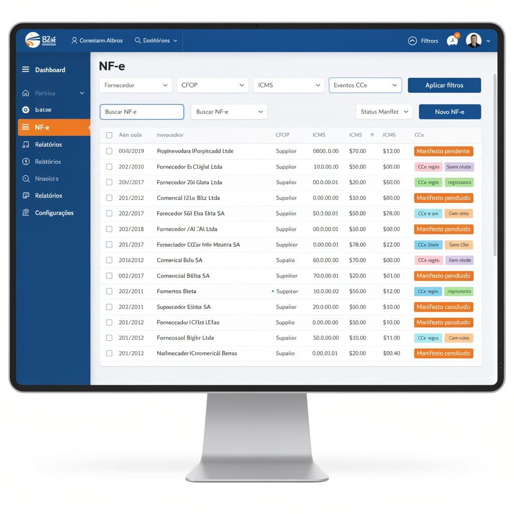 Dashboard fiscal mostrando NF-e SaaS com alertas de CFOP, ICMS e CCe