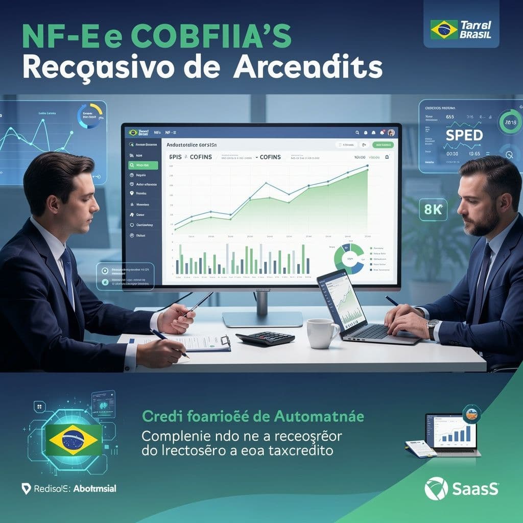 Profissionais analisando créditos de PIS e COFINS em notas fiscais com painel digital