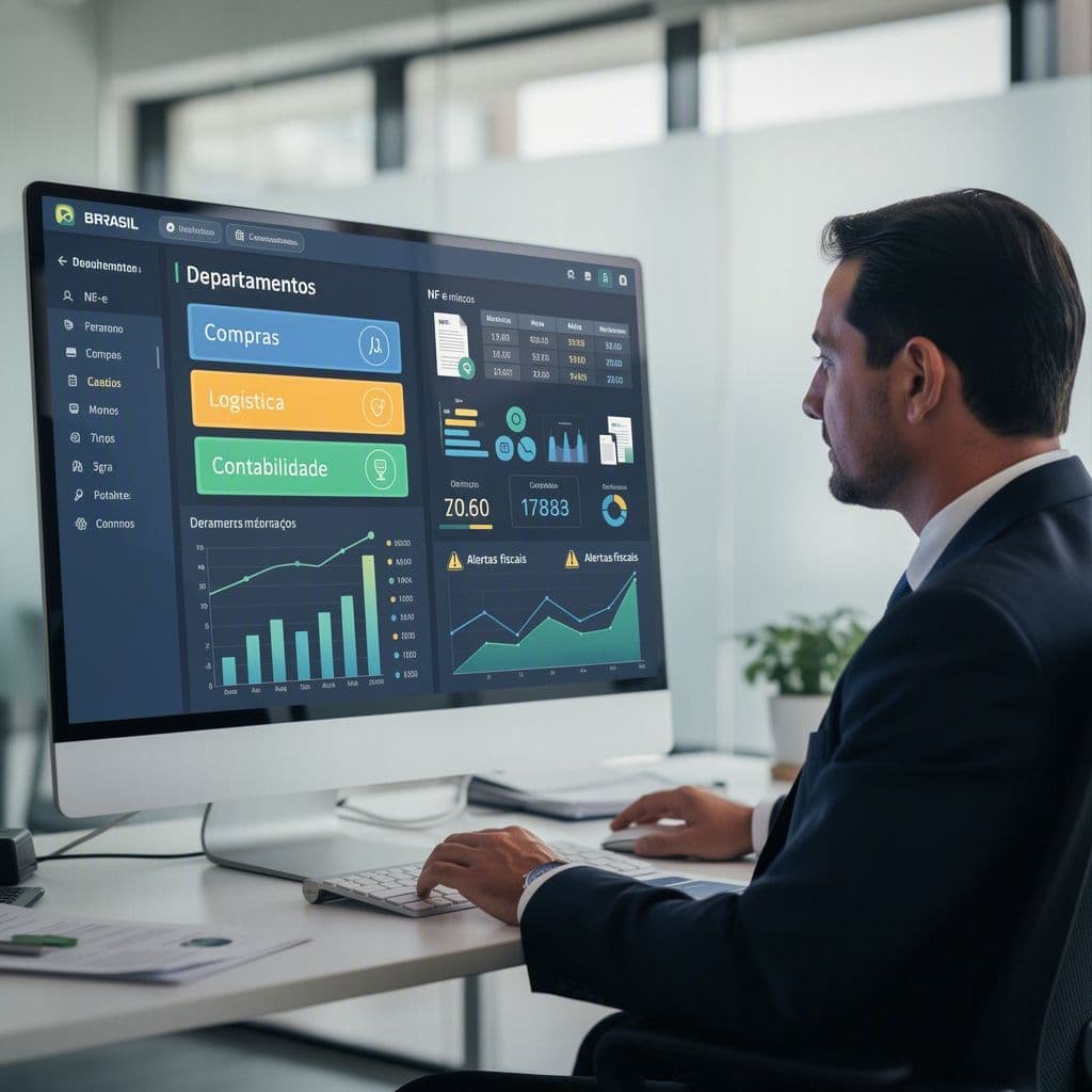 Diretor financeiro analisando score de departamentos com base em NF-e em um dashboard