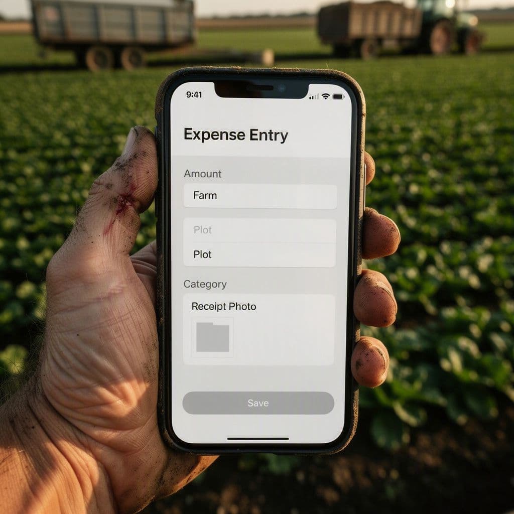 Celular no campo com formulário simples de despesa rural