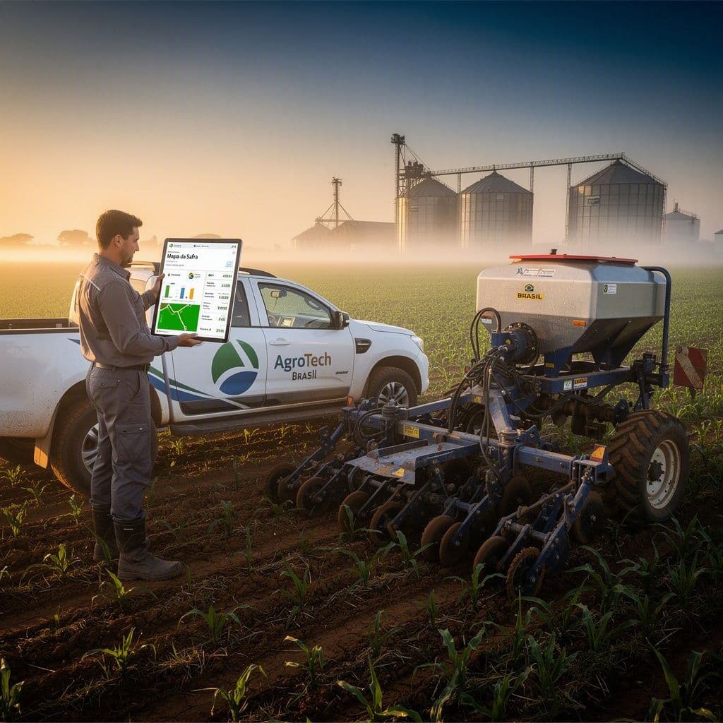 Produtor rural analisando planejamento financeiro da safra antes de iniciar o plantio