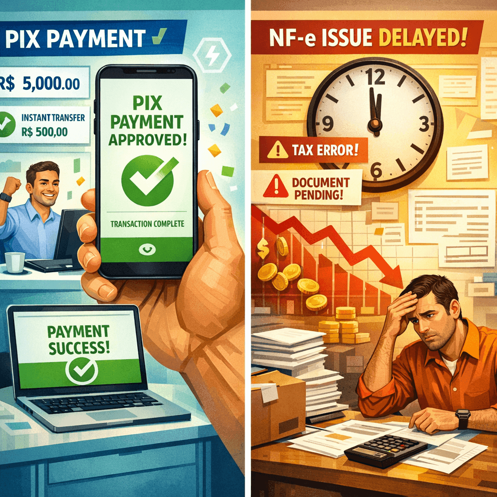 Comparação entre pagamento Pix instantâneo e NF-e atrasada impactando o caixa de uma PME