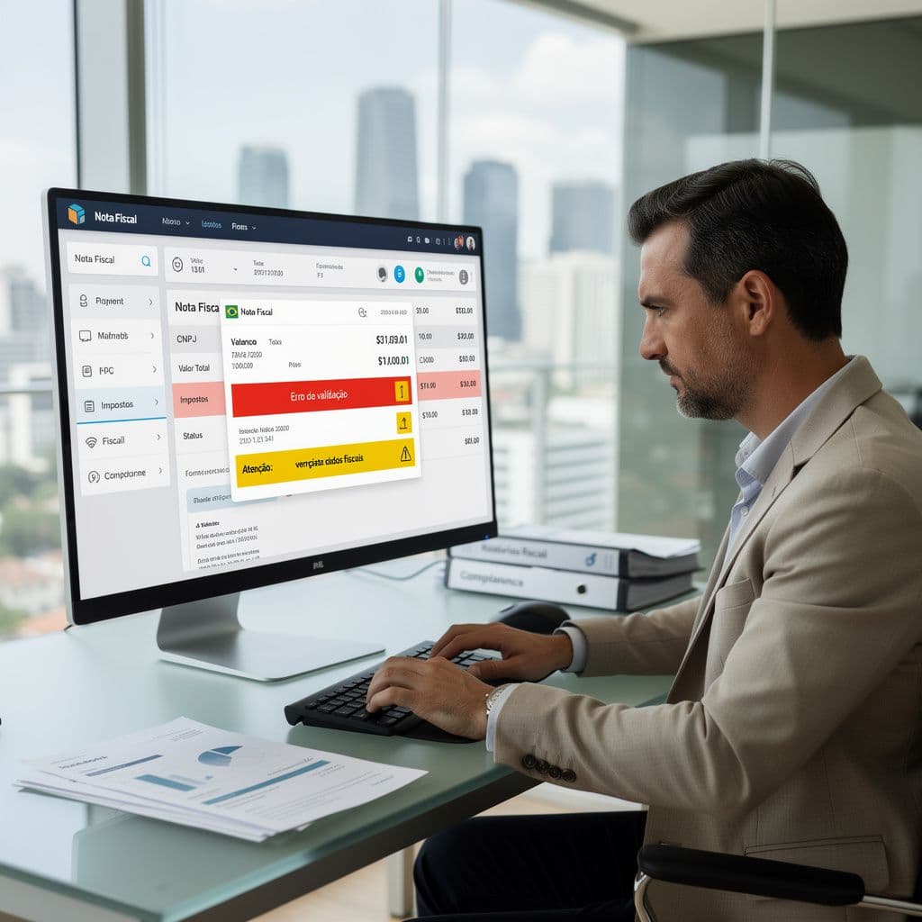 Profissional financeiro analisando uma NF-e suspeita em dashboard com alertas visuais