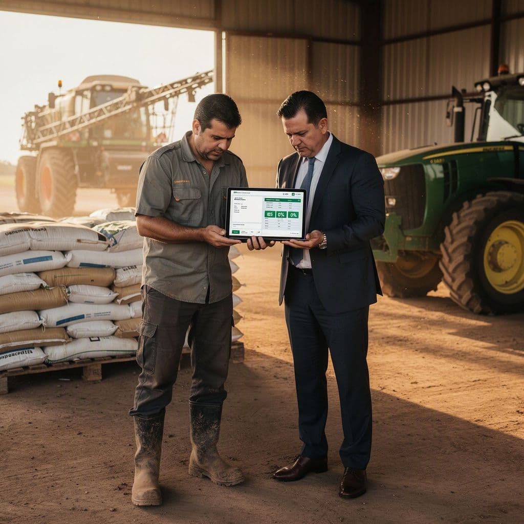 Produtor rural e contador consultando códigos NCM e impactos de IBS/CBS em insumos agro