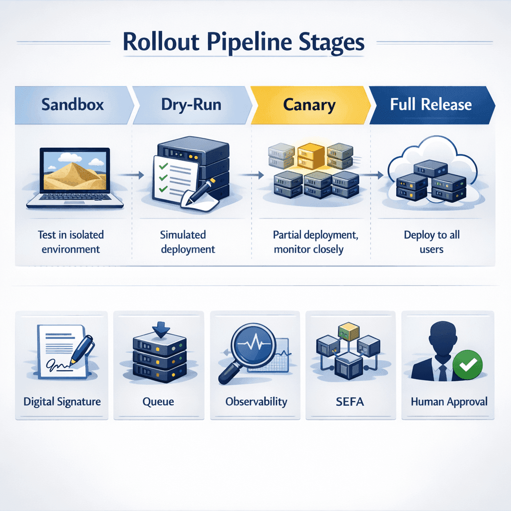 Diagrama de rollout fiscal em quatro fases com checkpoints técnicos