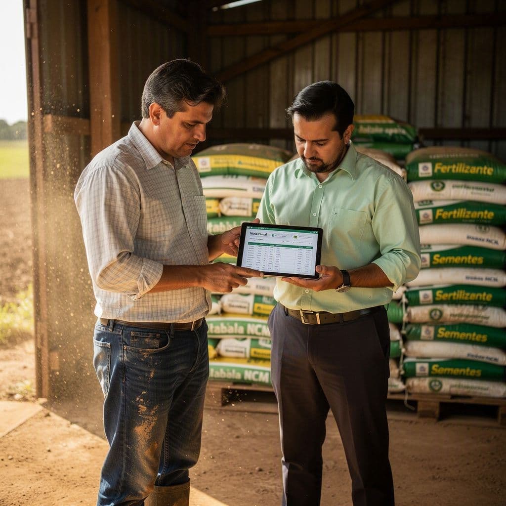 Produtor rural e contador analisando NCM de insumos do agro em ambiente de fazenda