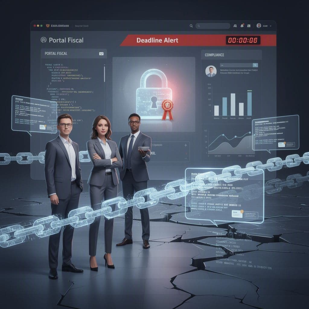 Gestores de compliance observando XMLs fiscais bloqueados por limitações operacionais da Receita