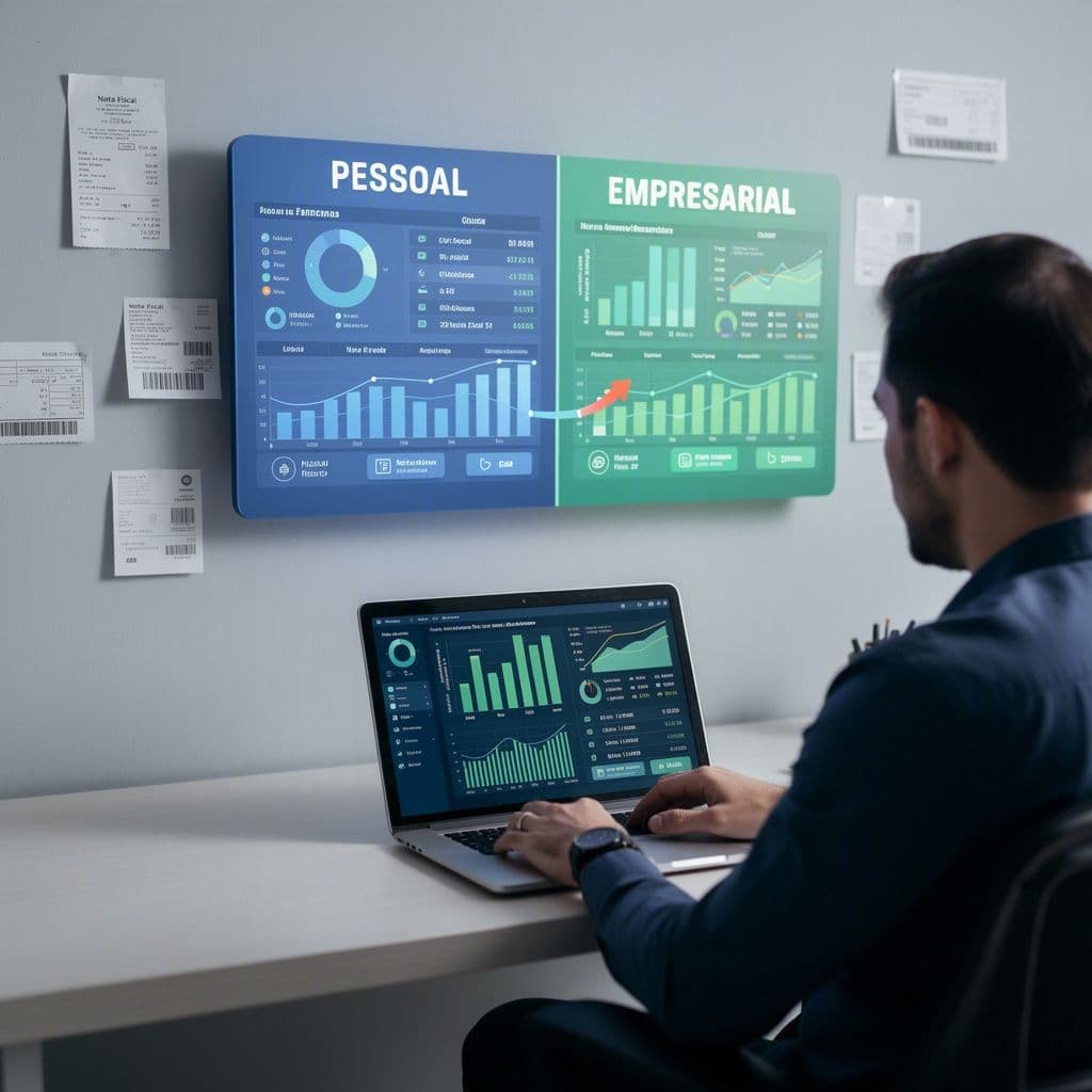 Empreendedor analisando finanças pessoais e empresariais separadas em um painel financeiro