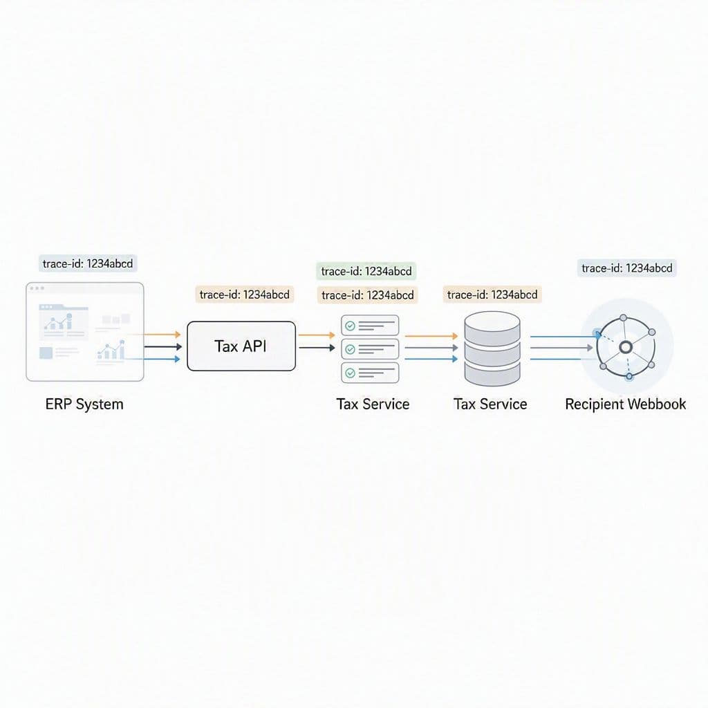 Fluxo de arquitetura mostrando trace id sendo propagado entre ERP, API fiscal, Receita, repositório e webhook