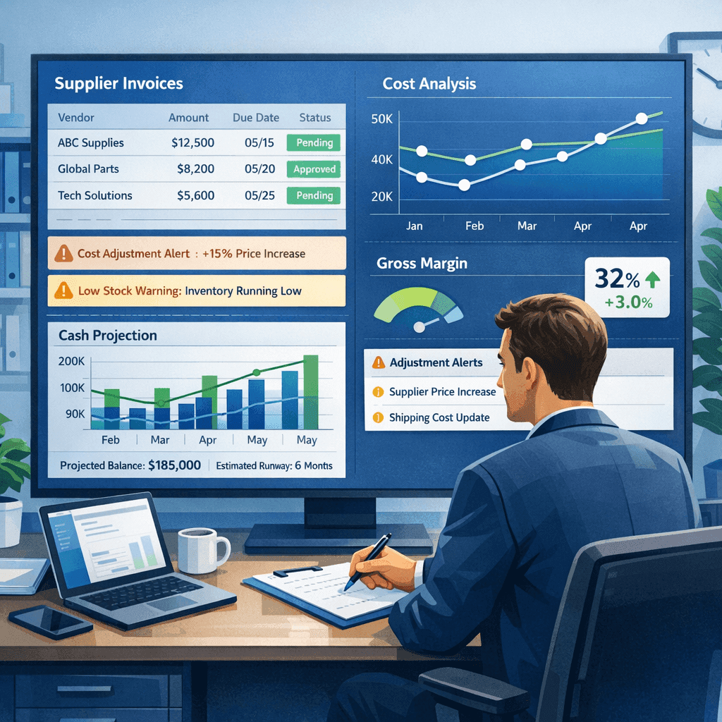 Gestor analisa notas de fornecedores e gráficos de custos para prever impacto no caixa.