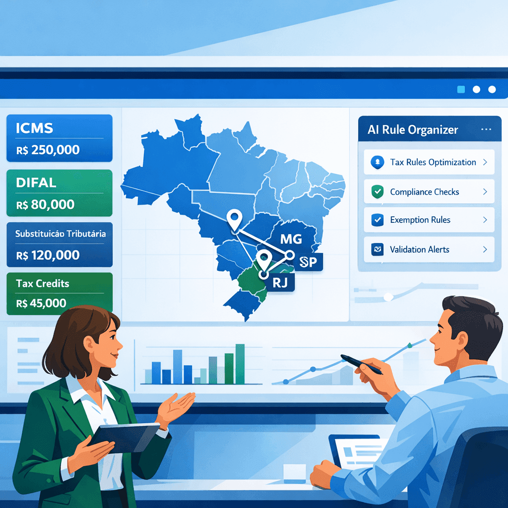 Dashboard com IA unificando regras de ICMS de vários estados em um painel único